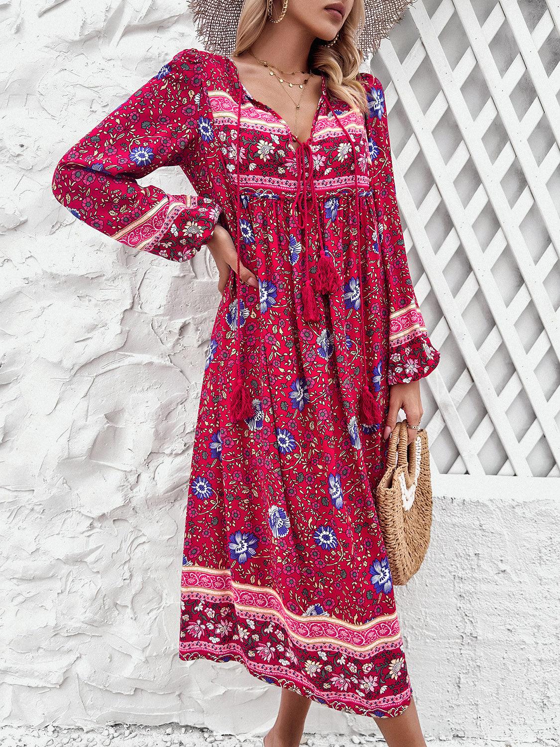 Tassel Tied Printed Long Sleeve Dress Carauana Store