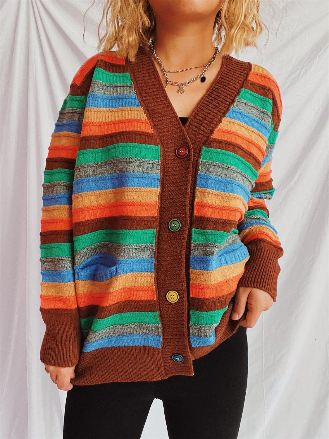 Contrast Stripes Button Up Long Sleeve Cardigan Carauana Store