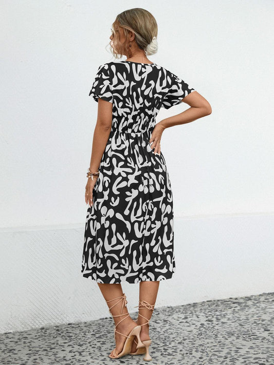Printed V-Neck Short Sleeve Dress Carauana Store