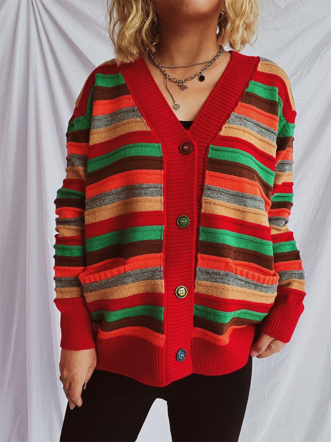 Contrast Stripes Button Up Long Sleeve Cardigan Carauana Store