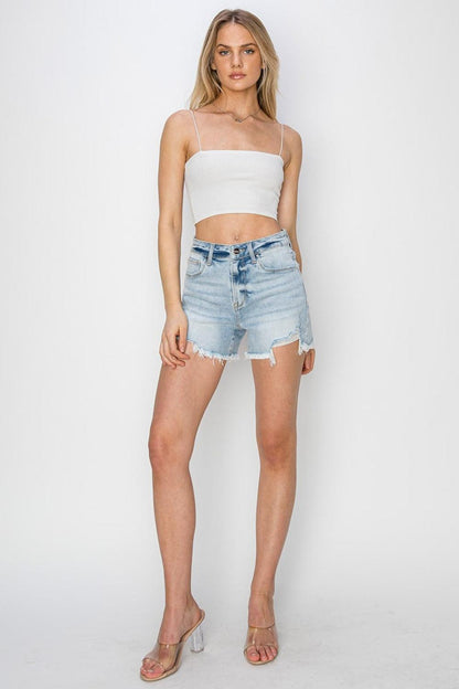 RISEN High Waist Frayed Detail Denim Shorts Carauana Store