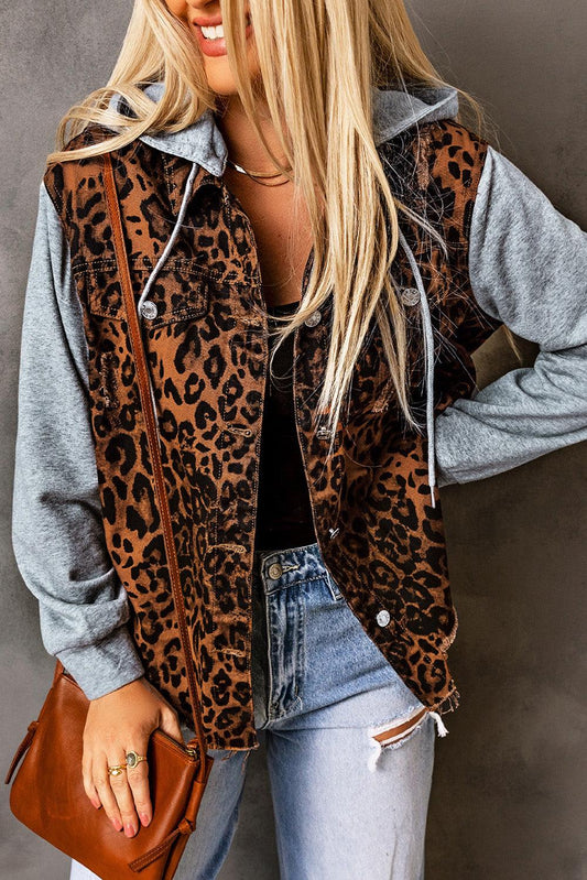 Leopard Distressed Drawstring Hooded Denim Jacket Carauana Store