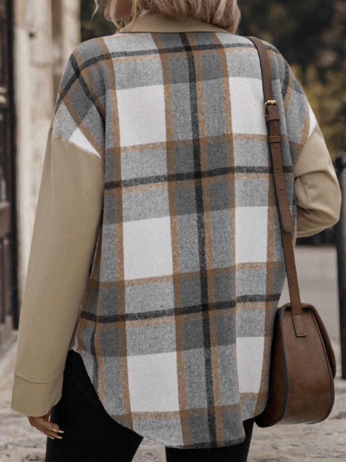 Perfee Plaid Snap Down Long Sleeve Shacket Carauana Store