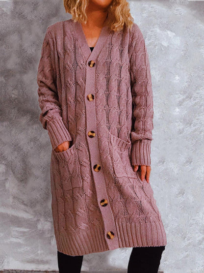 Button Up Cable-Knit Cardigan with Pockets Carauana Store