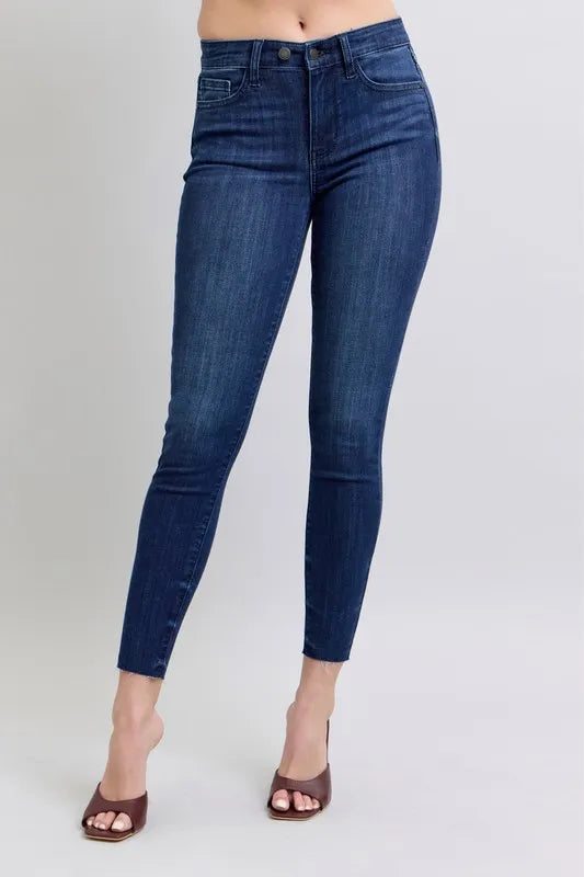 Judy Blue Full Size Mid Rise Skinny Jeans with Raw Hem Plus Size Carauana Store