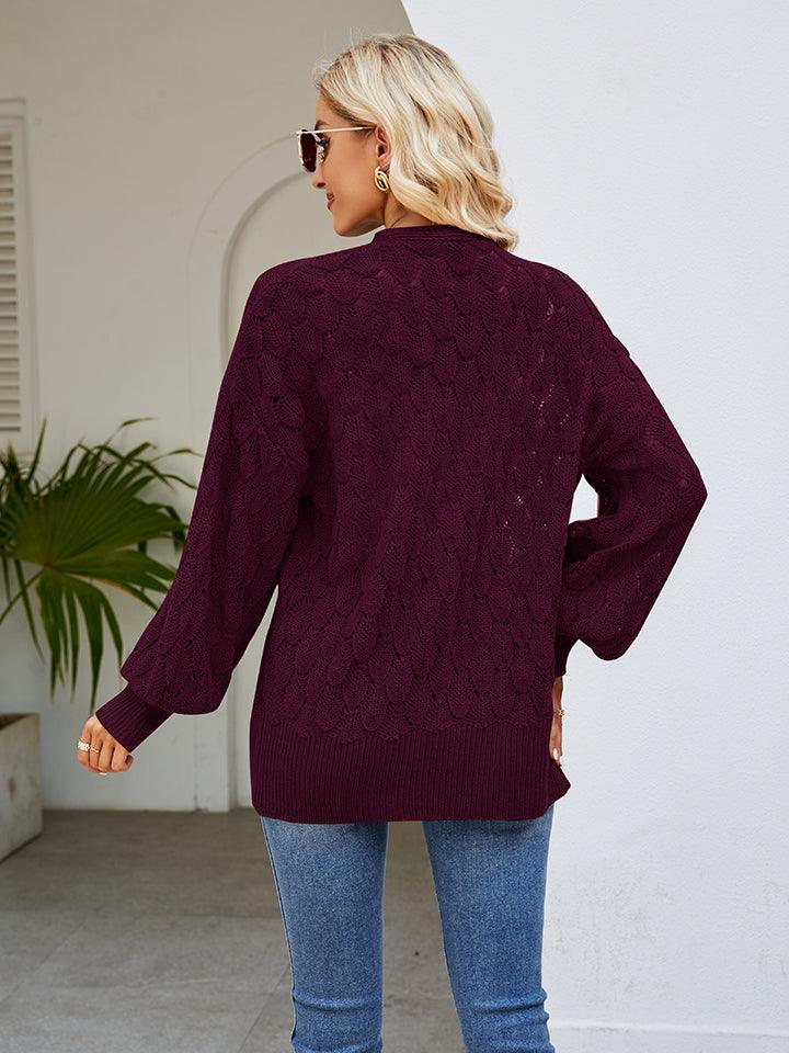 Openwork Open Front Lantern Sleeve Cardigan Carauana Store