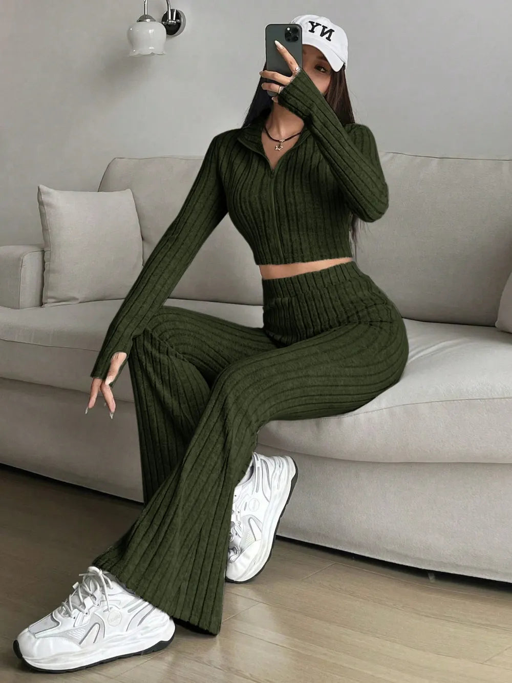 Honey Zip Up Long Sleeve Top and Pants Set Carauana Store