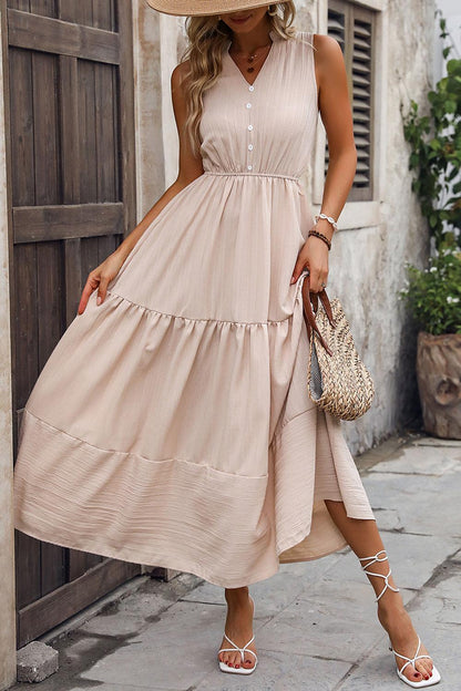 Decorative Button Notched Tiered Dress Carauana Store