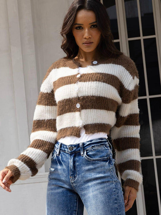 Striped Button Up Dropped Shoulder Cardigan Carauana Store