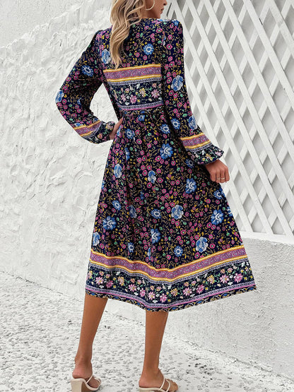 Tassel Tied Printed Long Sleeve Dress Carauana Store