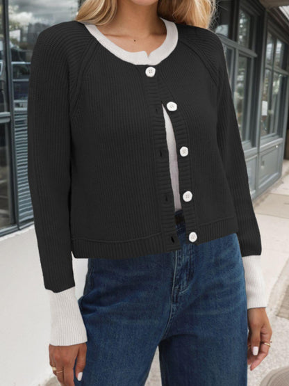 Contrast Button Up Long Sleeve Cardigan Carauana Store