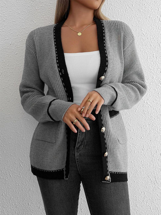 Contrast Trim Button Up Long Sleeve Cardigan Carauana Store