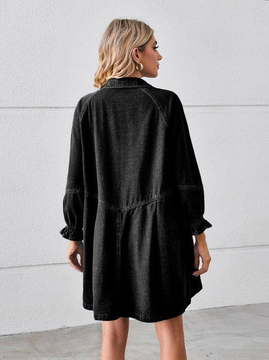 Button Up Flounce Sleeve Mini Denim Dress Carauana Store
