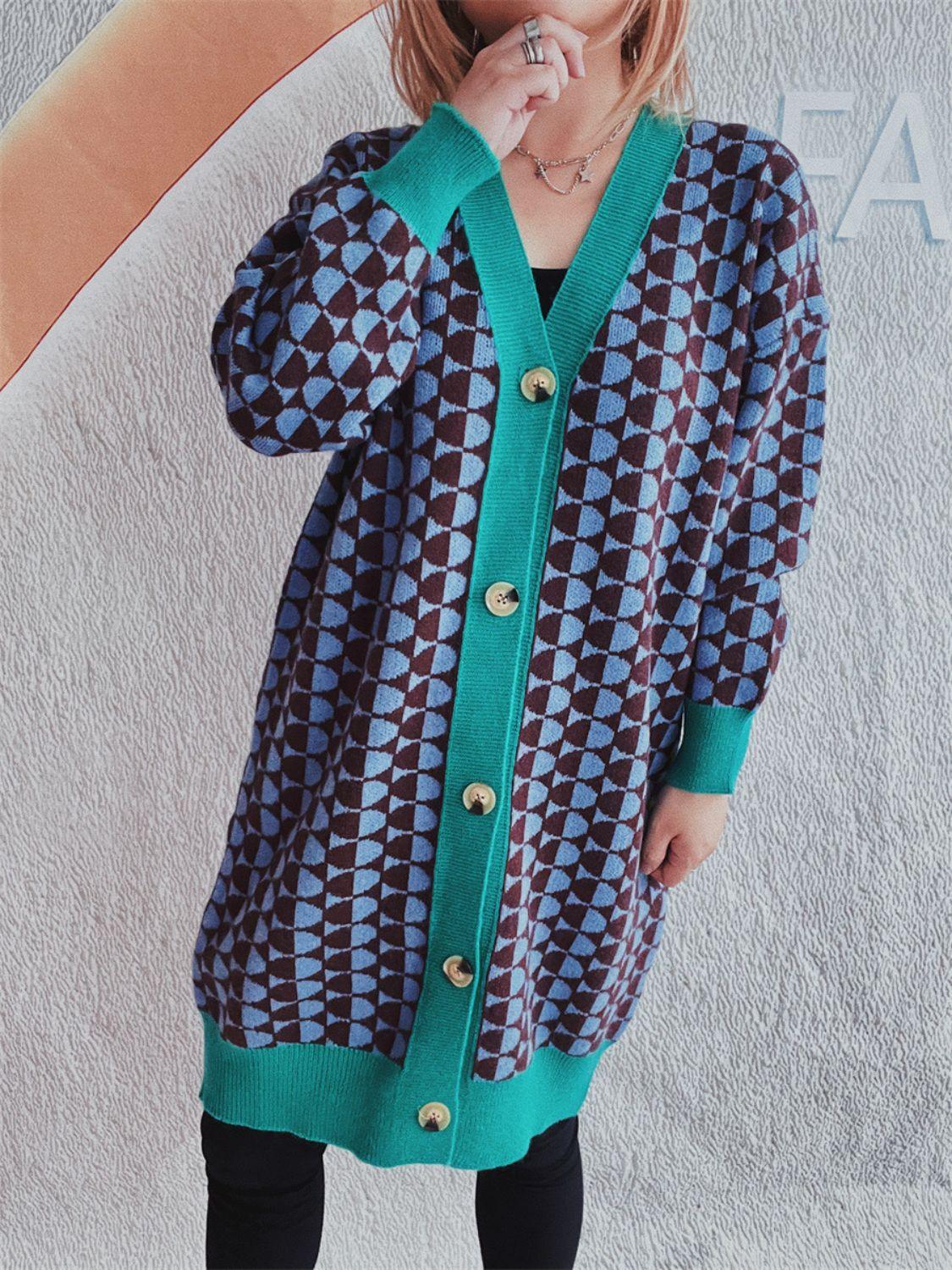 Contrast Trim Geometric Button Down Cardigan Carauana Store