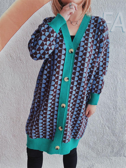 Contrast Trim Geometric Button Down Cardigan Carauana Store