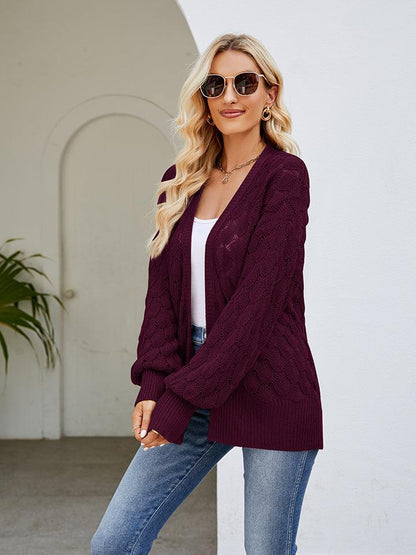 Openwork Open Front Lantern Sleeve Cardigan Carauana Store