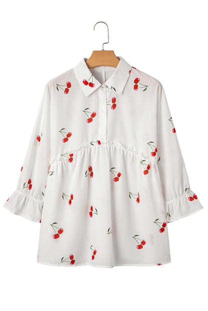 White Cherry Print Flounce Sleeve Collared Frilled Babydoll Blouse