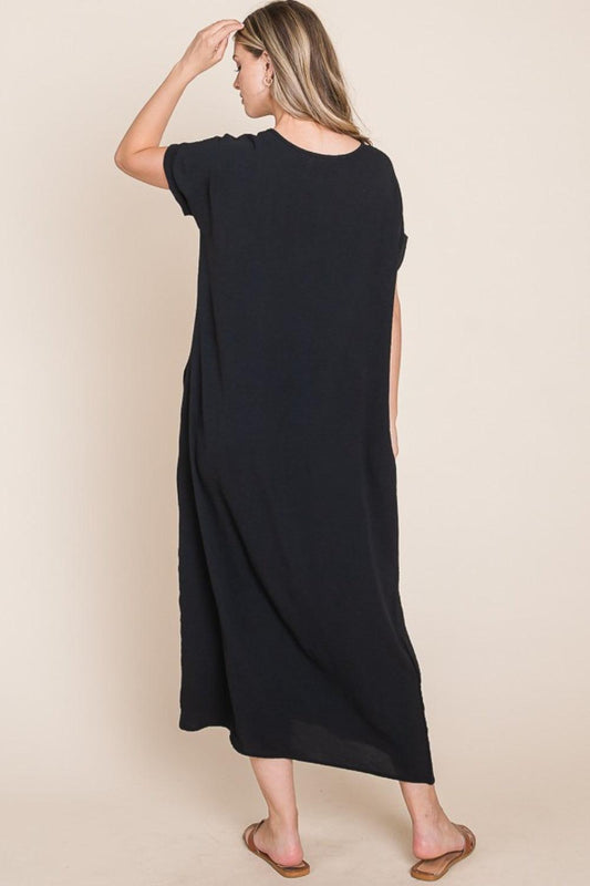 BOMBOM Round Neck Short Sleeve Midi Dress with Pockets Carauana Store