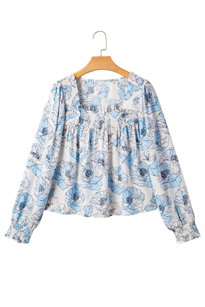 Sky Blue Floral Print Frilly Smocked Square Neck Long Sleeve Blouse