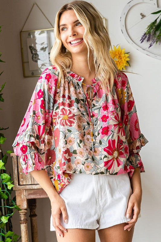 First Love Printed Tie Neck Flounce Sleeve Blouse Carauana Store