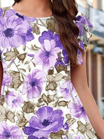 Printed Round Neck Tiered Dress Carauana Store