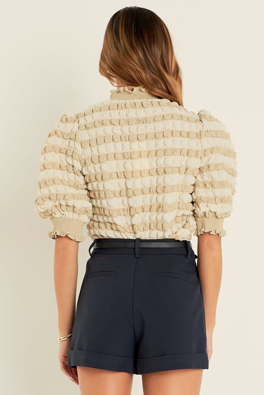 Beige Textured Mock Neck Short Sleeve Blouse