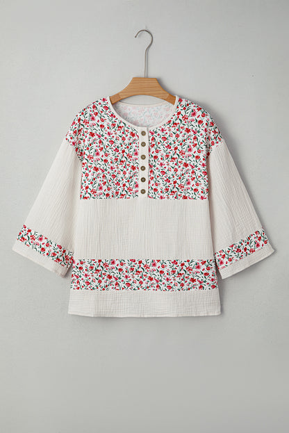 Red Floral Print Gauze Patchwork Henley Button 3/4 Sleeve Blouse
