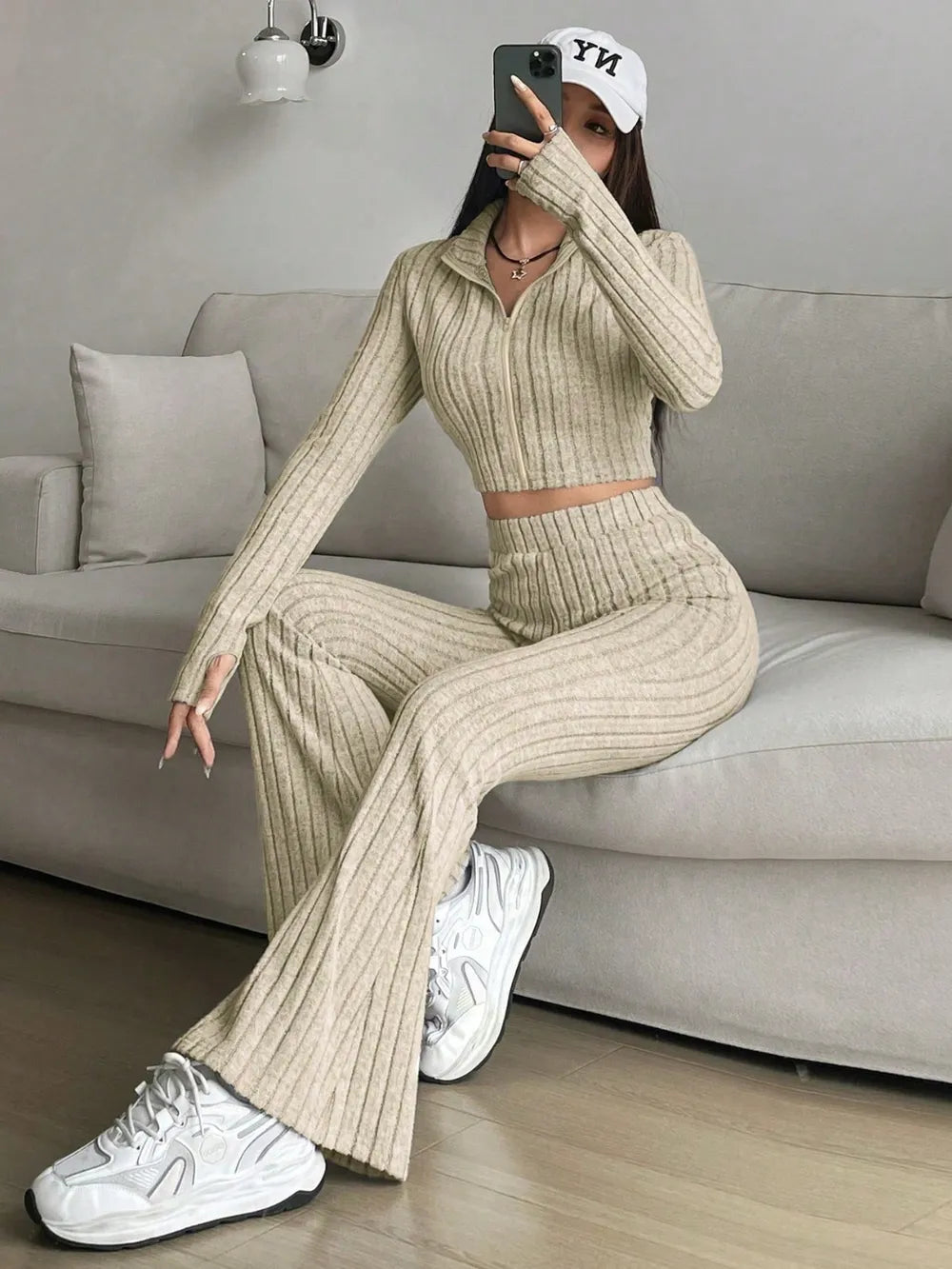 Honey Zip Up Long Sleeve Top and Pants Set Carauana Store