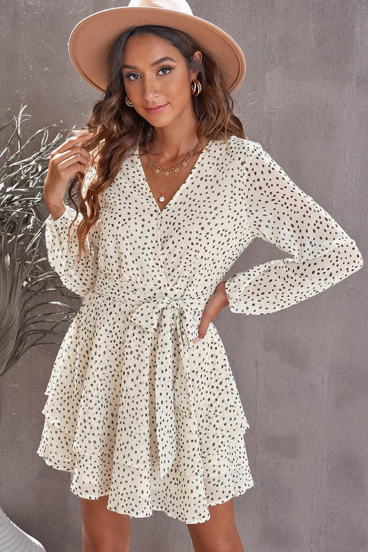 Tied Polka Dot Balloon Sleeve Layered Dress Carauana Store