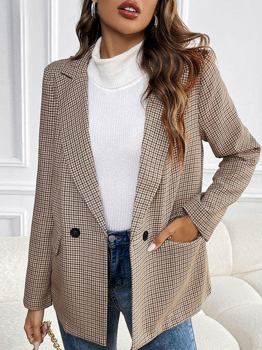 Perfee Plaid Lapel Collar Long Sleeve Blazer Carauana Store