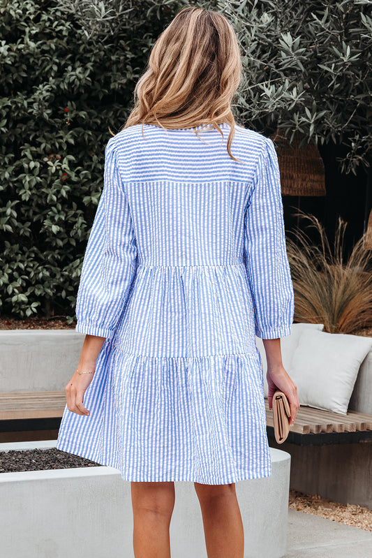 Sky Blue Stripe Bracelet Sleeve Tiered Shift Dress with Pockets