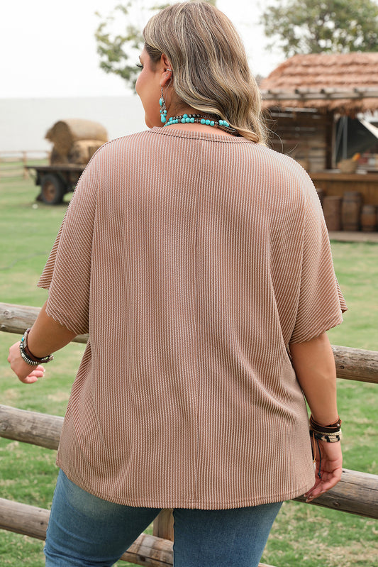 Smoke Gray Ribbed Striped Crew Neck Plus Size Knit T Shirt