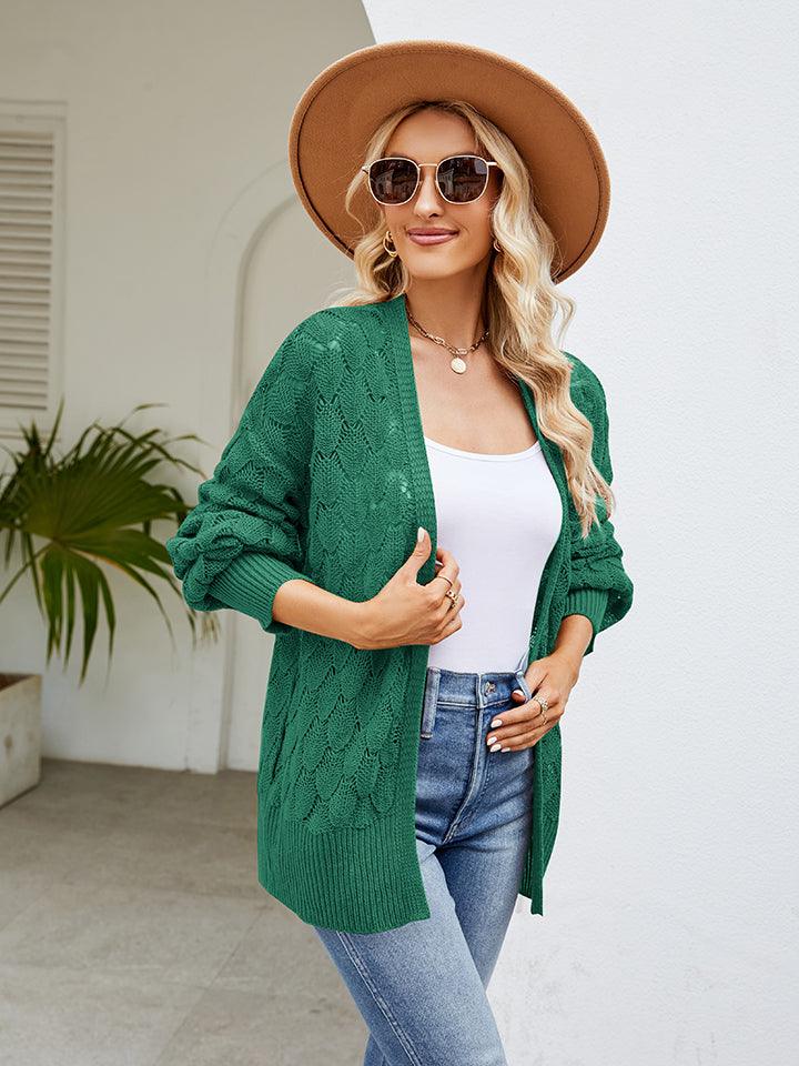 Openwork Open Front Lantern Sleeve Cardigan Carauana Store