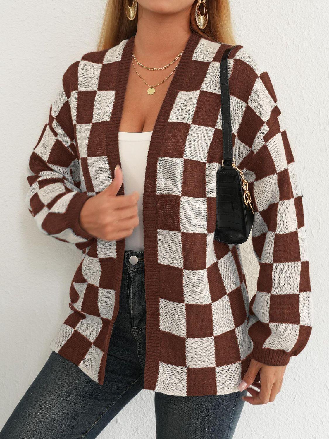 Checkered Open Front Long Sleeve Cardigan Carauana Store