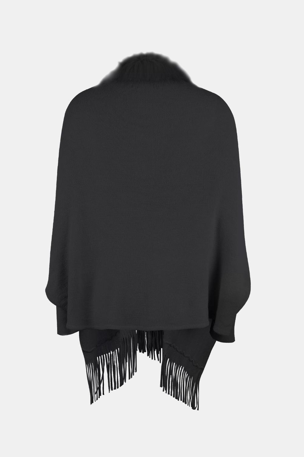 Fringe Open Front Long Sleeve Poncho Carauana Store