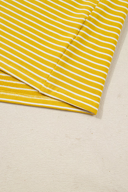 Yellow Stripe Striped Contrast Floral Sleeve Patchwork Plus Size Loose Top