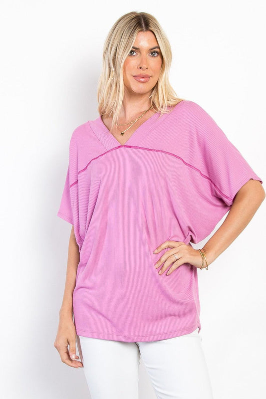 Be Stage Full Size V-Neck Short Sleeve Ribbed Top Carauana Store