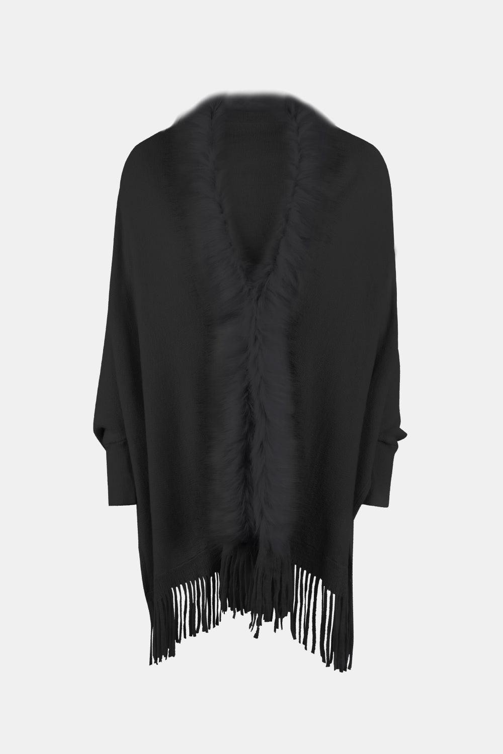 Fringe Open Front Long Sleeve Poncho Carauana Store