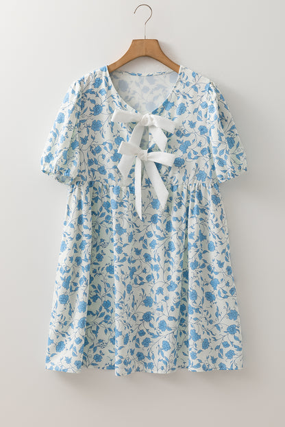 Sky Blue Floral Contrast Bow Puff Sleeve Mini Dress