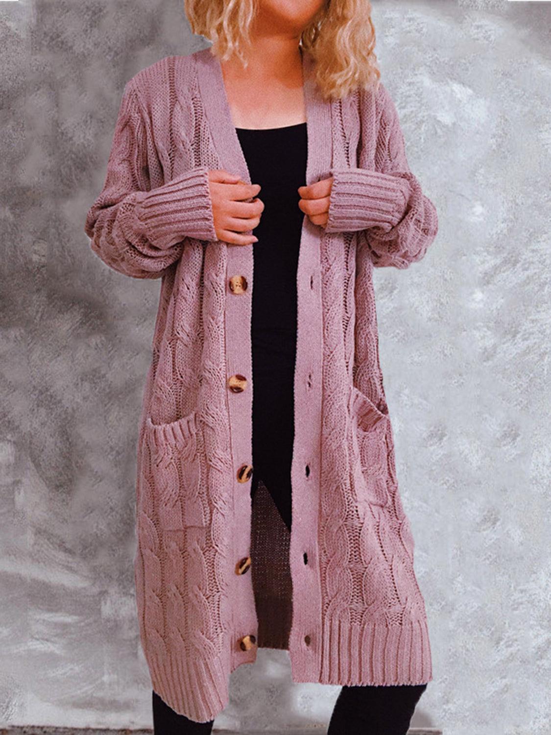Button Up Cable-Knit Cardigan with Pockets Carauana Store