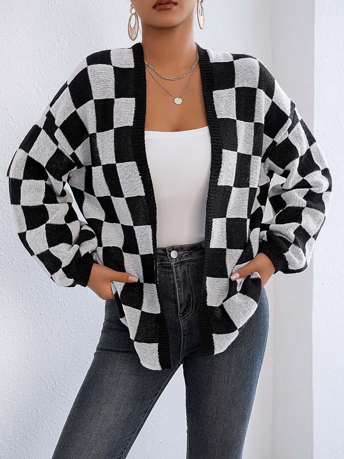 Checkered Open Front Long Sleeve Cardigan Carauana Store