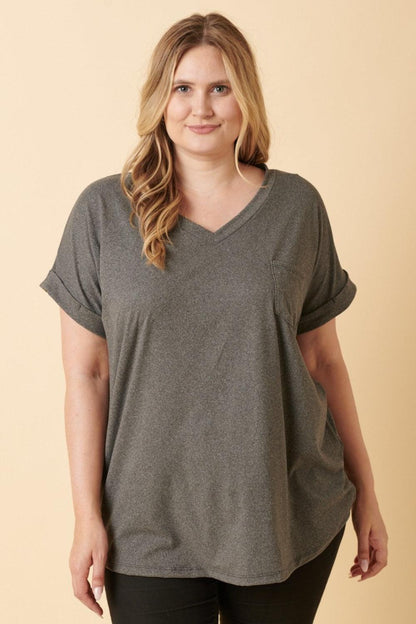 Mittoshop Full Size V-Neck Rolled Short Sleeve T-Shirt Carauana Store