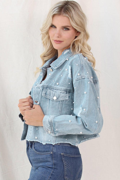 Distressed Pearl Trim Button Up Denim Jacket Carauana Store