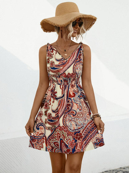 Smocked Printed V-Neck Mini Dress Carauana Store