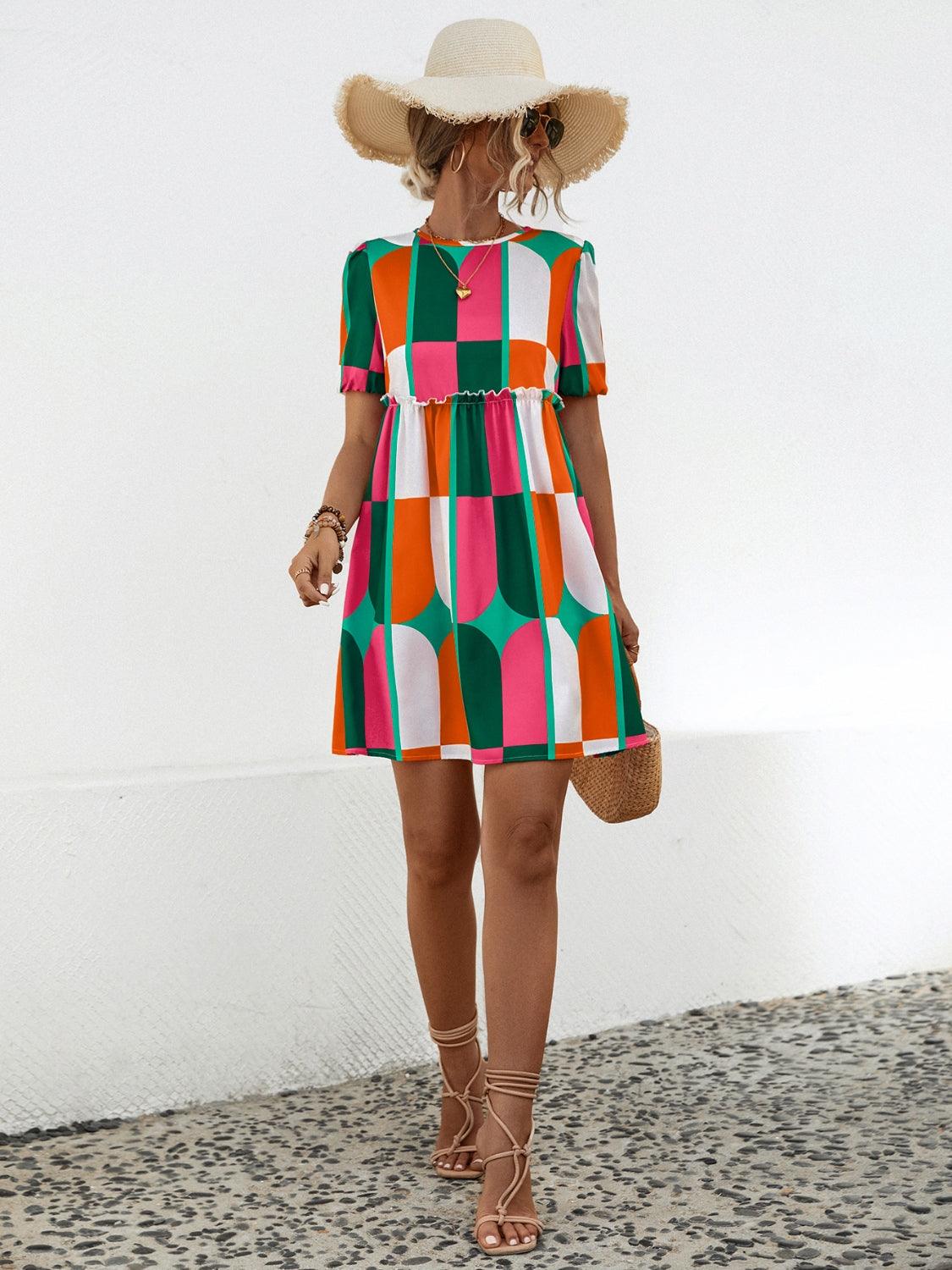 Geometric Frill Round Neck Short Sleeve Dress Carauana Store