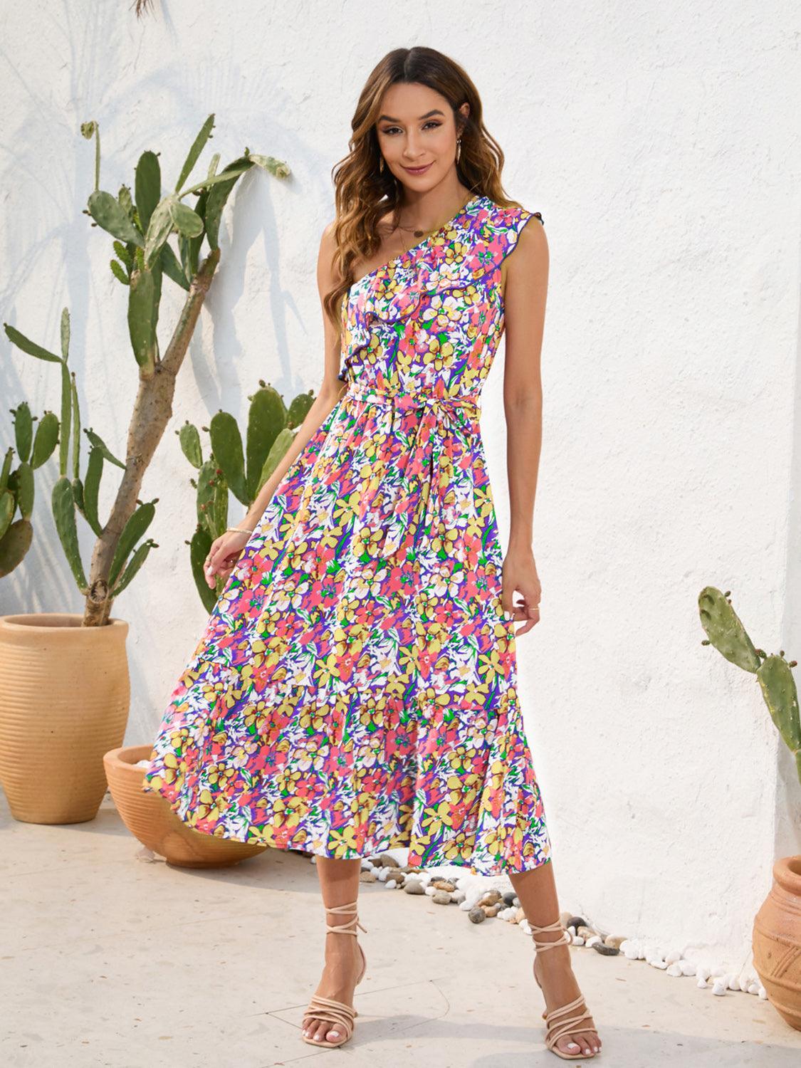 Ruffled Printed One Shoulder Midi Dress CaRaUaNa Fashion