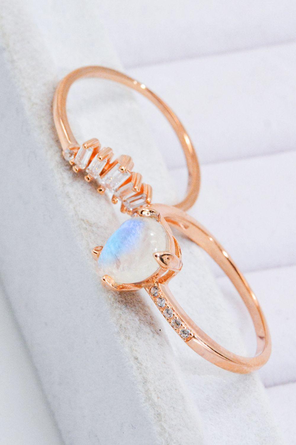 Natural Moonstone and Zircon 18K Rose Gold-Plated Two-Piece Ring Set Carauana Store