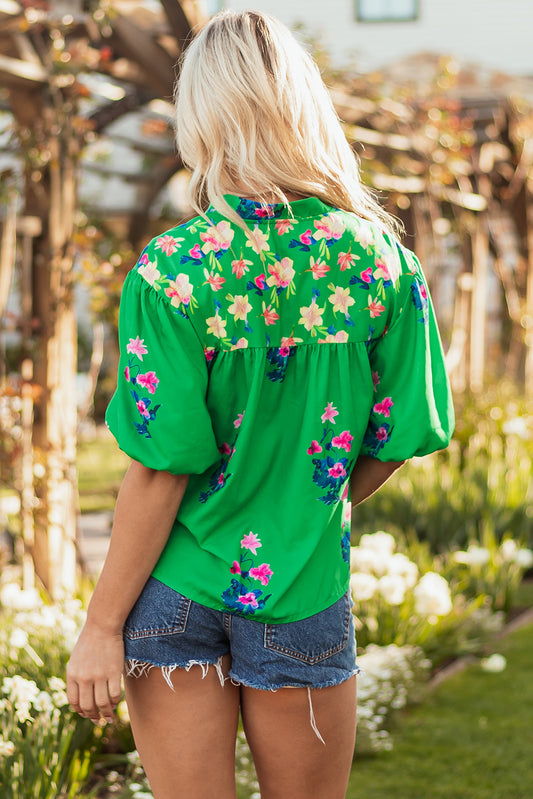 Green Floral Detail Tie Split Neck Short Sleeve Blouse
