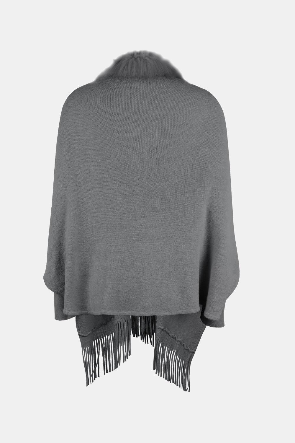 Fringe Open Front Long Sleeve Poncho Carauana Store