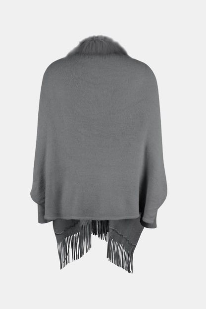 Fringe Open Front Long Sleeve Poncho Carauana Store